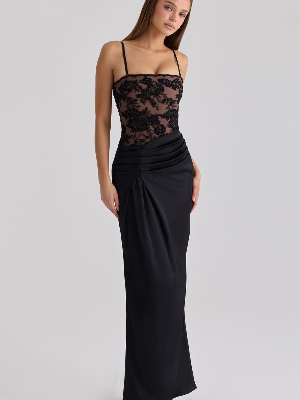 House of CB Black Lace Bodice Maxi Dress with Spaghetti Straps
